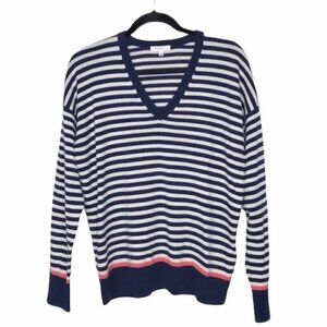 Equipment Lucinda Blue Ivory Wool Cashmere Blend V Neck Stripe Sweater
